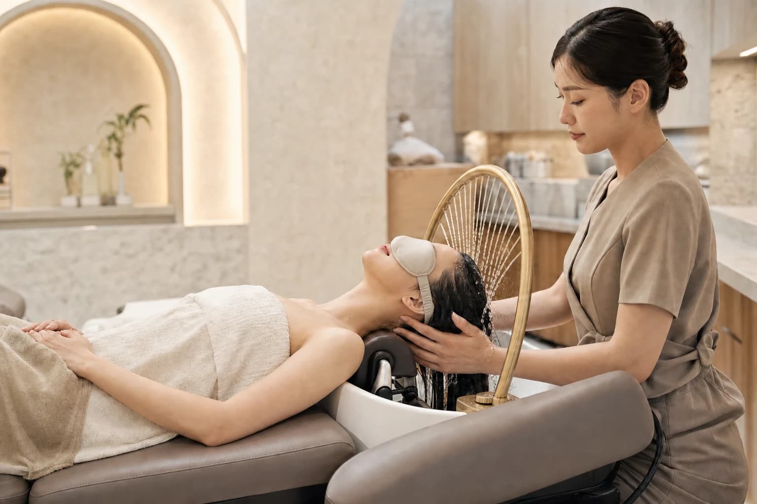 Client wearing an eye mask during a professional water-halo Head Spa treatment
